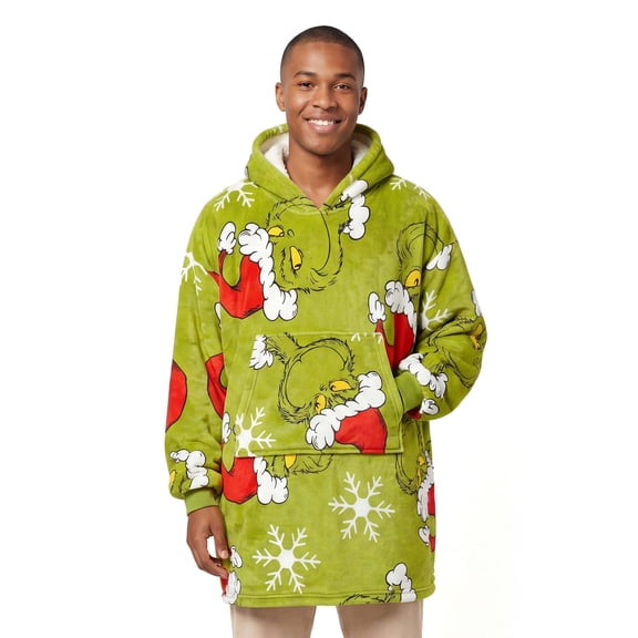 Mens The Grinch Snowy Mischievous Santa Oversized Fleece Hoodie