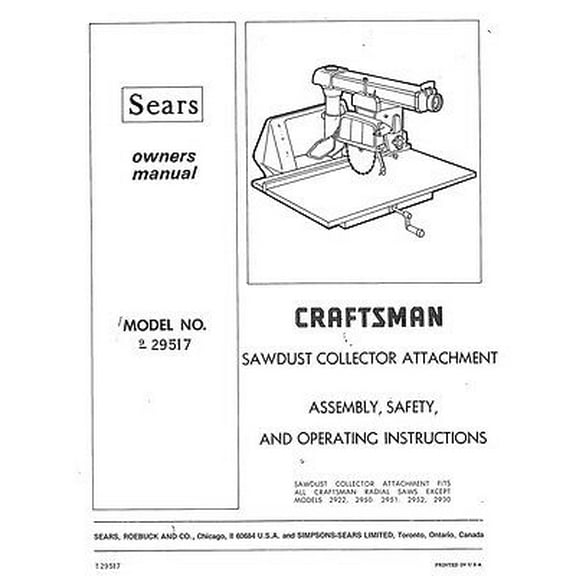 1974 Craftsman 9-29517 Radial Arm Saw-Dust Collector Attachment Instructions REPRINT