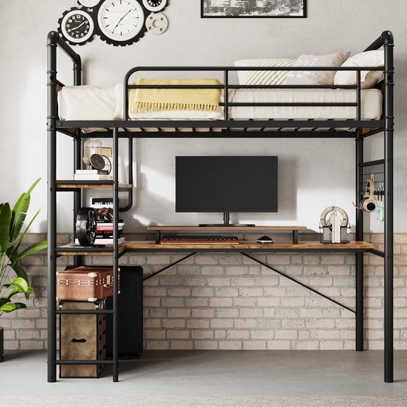 Twin Metal Loft Bed with L-Shaped Desk – Heavy Duty Frame, 2 Storage Shelves, High Guardrail, Ladder – No Box Spring Needed – Vintage Black or Brown