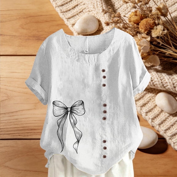Mifsaly Plus Size Short Sleeve Womens Summer Tops Bow Print Linen Shirt Button Down Dressy Casual Blouse Vacation Loose Tshirts Fashion Loungewear M