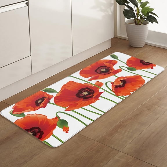 Door mat Indoor Door Mat Non Skid Bath Rug,Red Poppy Floral Green Plant Carpet Water Absorbent Kitchen Mats,Farm Watercolor Flower Floor Rugs for Entryway Bathroom Bedroom Laundry 17x30In.