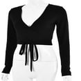 thumbnail image 4 of Womens Wrap Crop Top Deep V-Neck Knot Front Long Sleeve Basic Tee Strappy Blouse, 4 of 6
