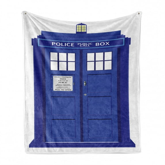 Police Soft Flannel Fleece Throw Blanket, Doctors Blue House British Landmark Phone Box Police Call Image Artwork Print, Cozy Plush for Indoor and Outdoor Use, 50" x 60", Blue and White, by Ambesonne