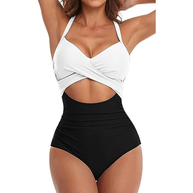 Innerwin Swimwear Gradient Women Bathing Suits Surfing Long Sleeve Backless One Piece Swimsuit Black + White M