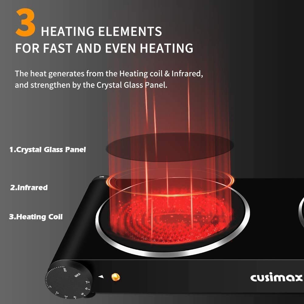 CUSIMAX 1800W Electric Infrared Double Hop Plate, Stainless Steel, Portable, Easy to clean, Red.