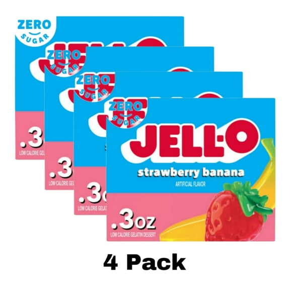 (4 Pack) Jell-O Sugar-Free Gelatin Dessert, Strawberry Banana 0.3 oz Box