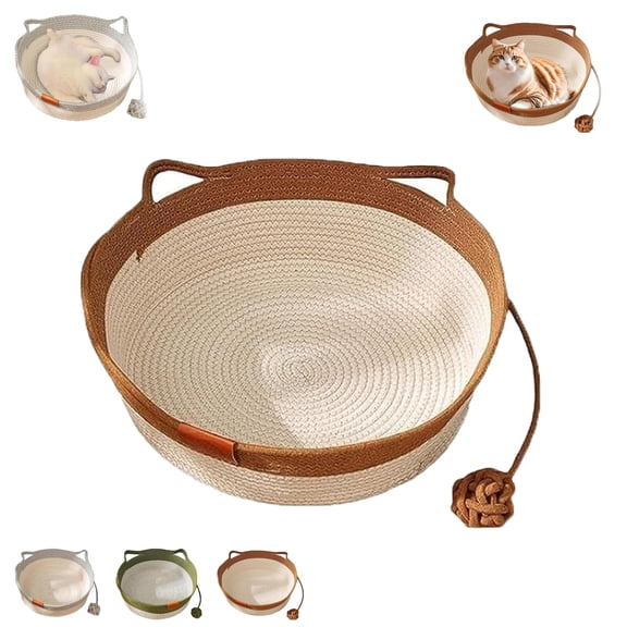 Instinct Basket, Handwoven Cotton Rope Cat Bed with Cushion & Toy Ball for Indoor Cats