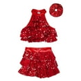 thumbnail image 3 of Alvivi Girls Sequins Dance Performance Outfits Sleeveless Halter Crop Top Skirt with Hair Band Set Red 11-12, 3 of 5