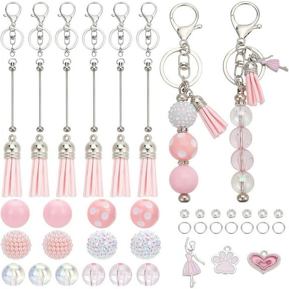 DIY 6 Sets Valentines Day Keychain Making Kit Bead Keychain Bars Romantic Pink Charms Beadable Keychains Bar Keychain for DIY Women Adults Gift Holiday Party Favor Office School Supplies