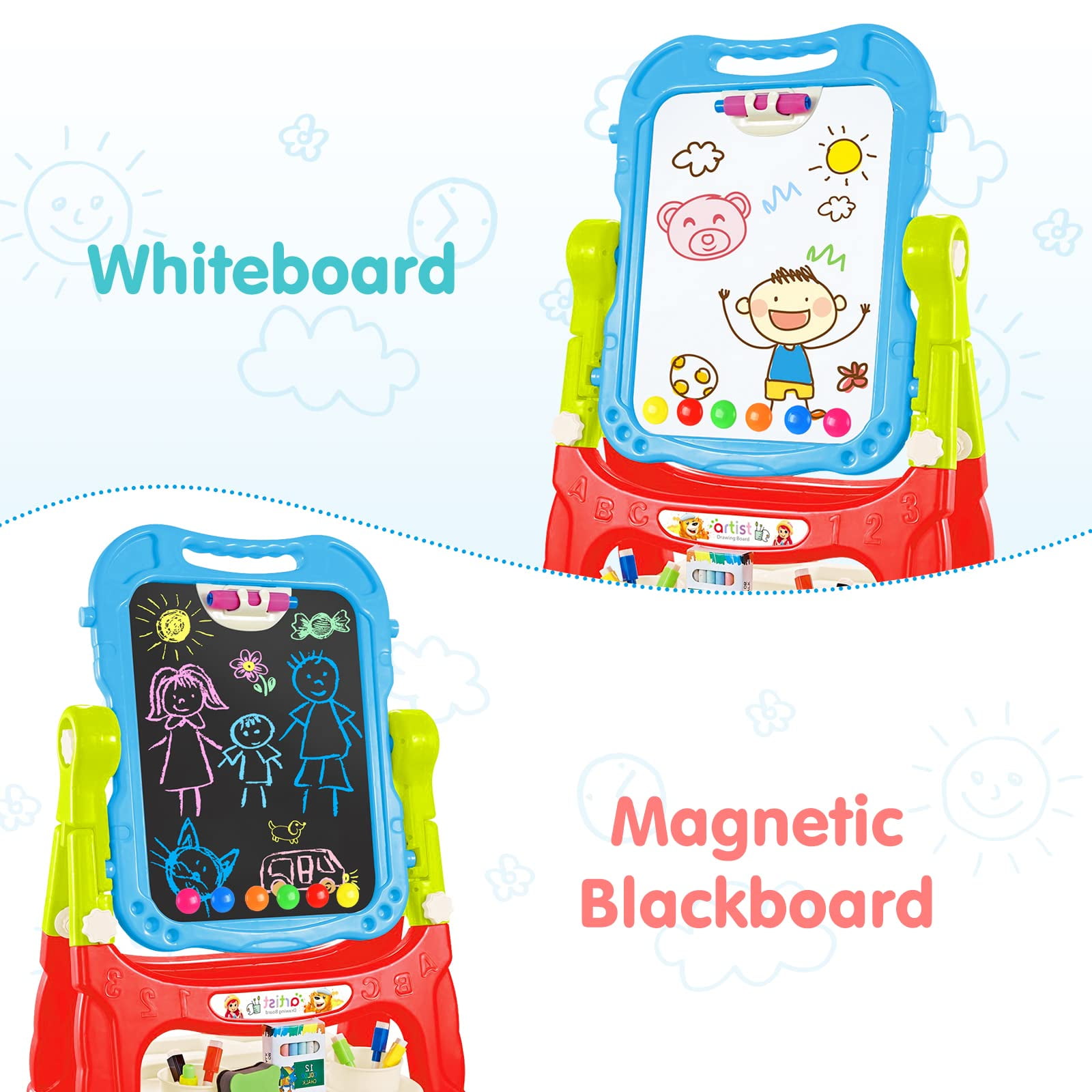 JBeeCtrl Easel for Kids Rotatable Double Sided White Board & Chalk Board Adjustable Standing Kids Art Easel w/ Paint Accessories for Boys Girls Birthday Christmas Birthday Gifts for Kids 3-6 Blue