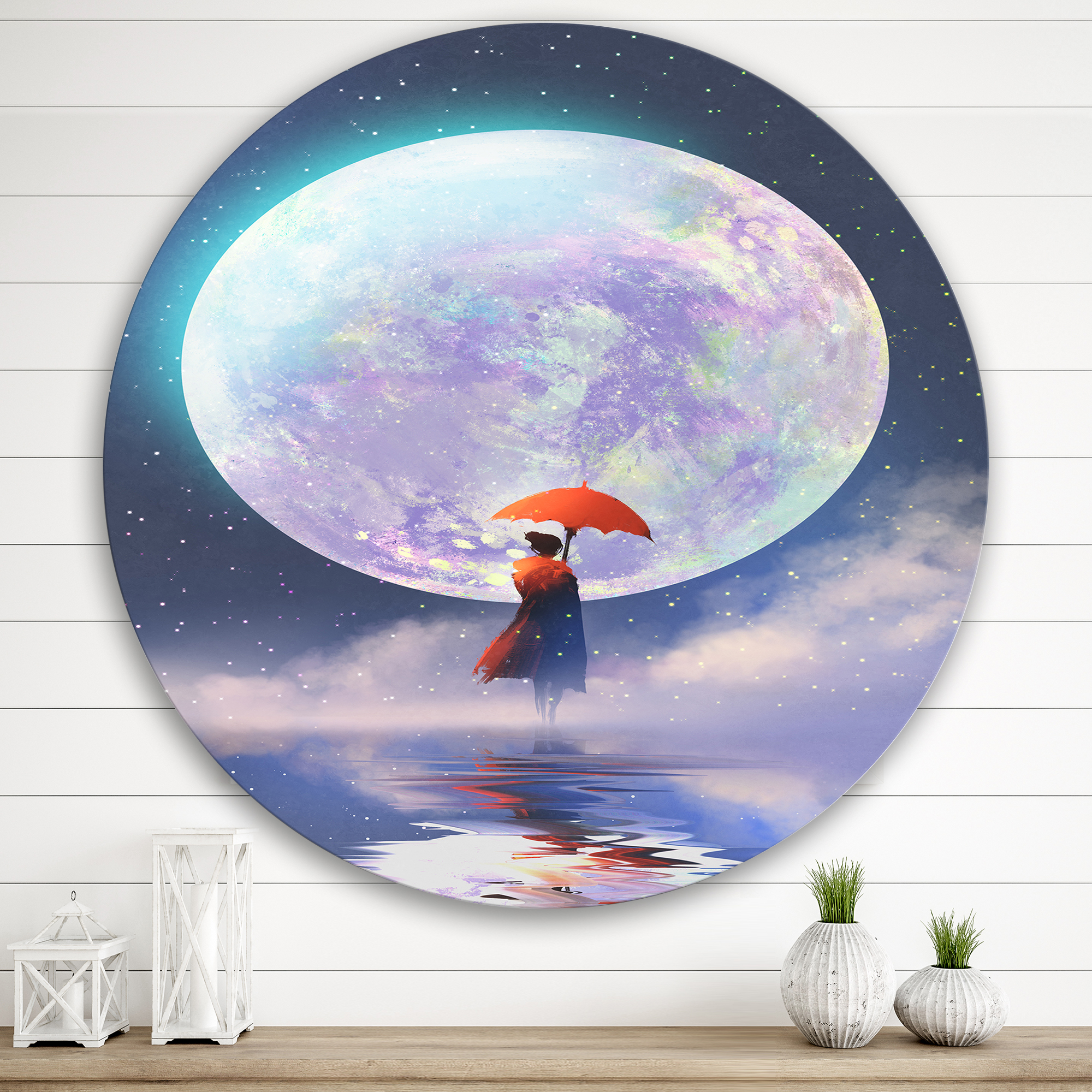 Designart 'Girl With Umbrella Standing On Water Against Moon' Traditional Circle Metal Wall Art 29x29 - Disc of 29