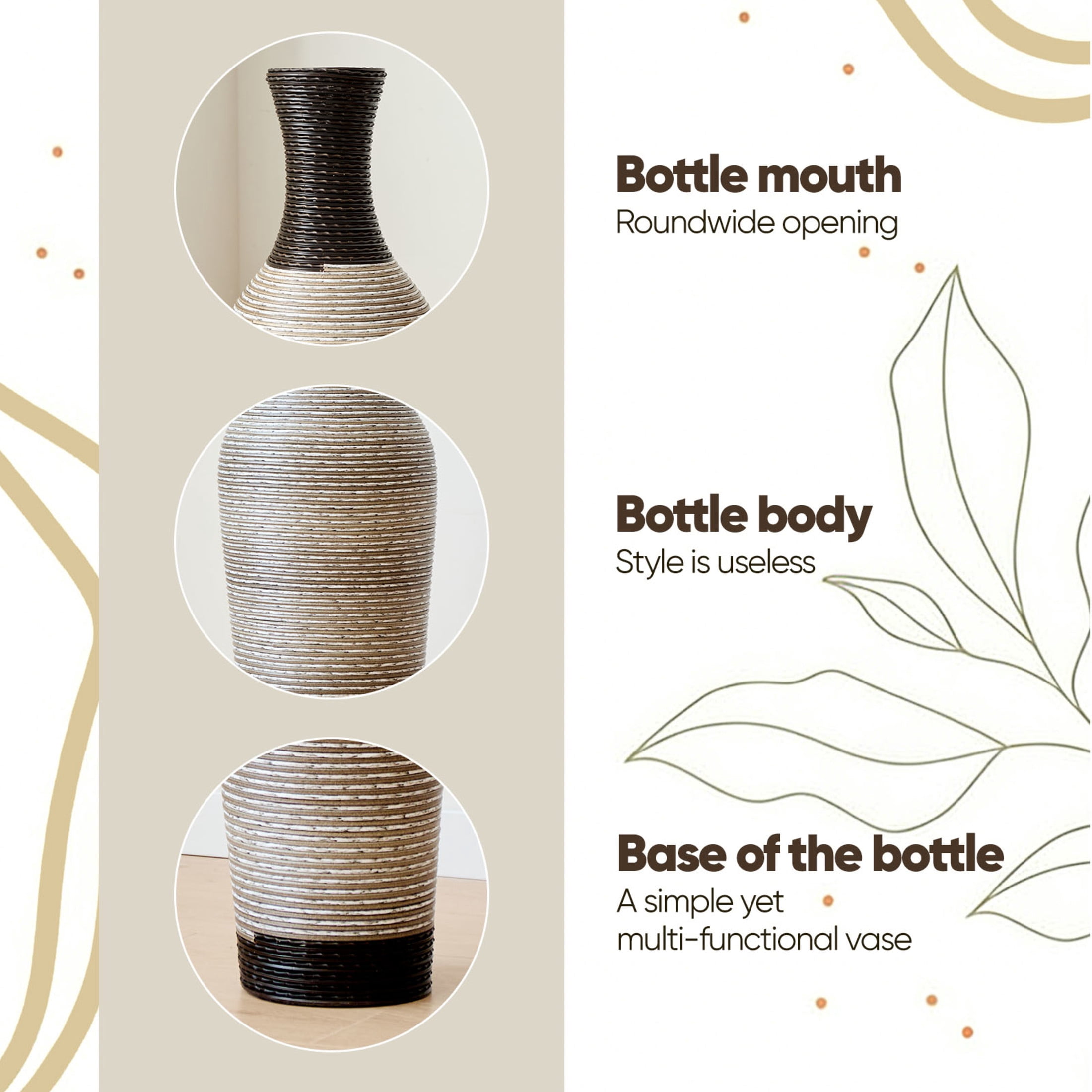 Noble House 39.37" Handmade PVC Floor Vase, Rustic Textured Decorative Vase, Black + Gray