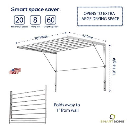 Smartsome Wall Mounted Clothes Drying Rack 30 Wide 20 Linear Feet Capacity 8 Smooth Round Stainless Steel Rods 60 lb Capacity Fully Assembled Compact Sturdy Space Saving Design Walmart