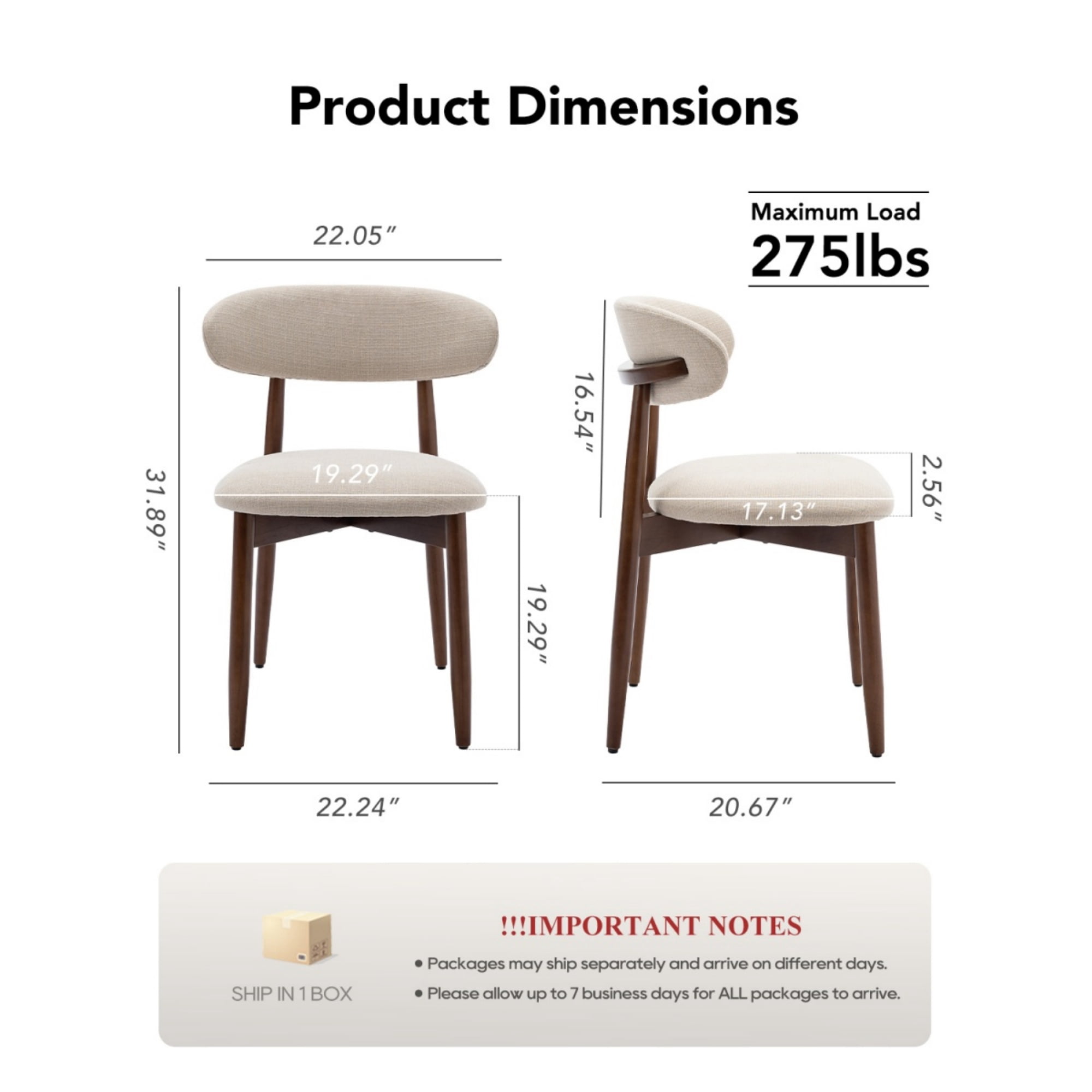 EOP Wooden Dining Chairs Set of 2, Farmhouse Kitchen Side Chairs with Foot Pegs, Mid-Century Modern Fabric Upholstered Dining Room Chairs for Kitchen, Dining Room, Beige