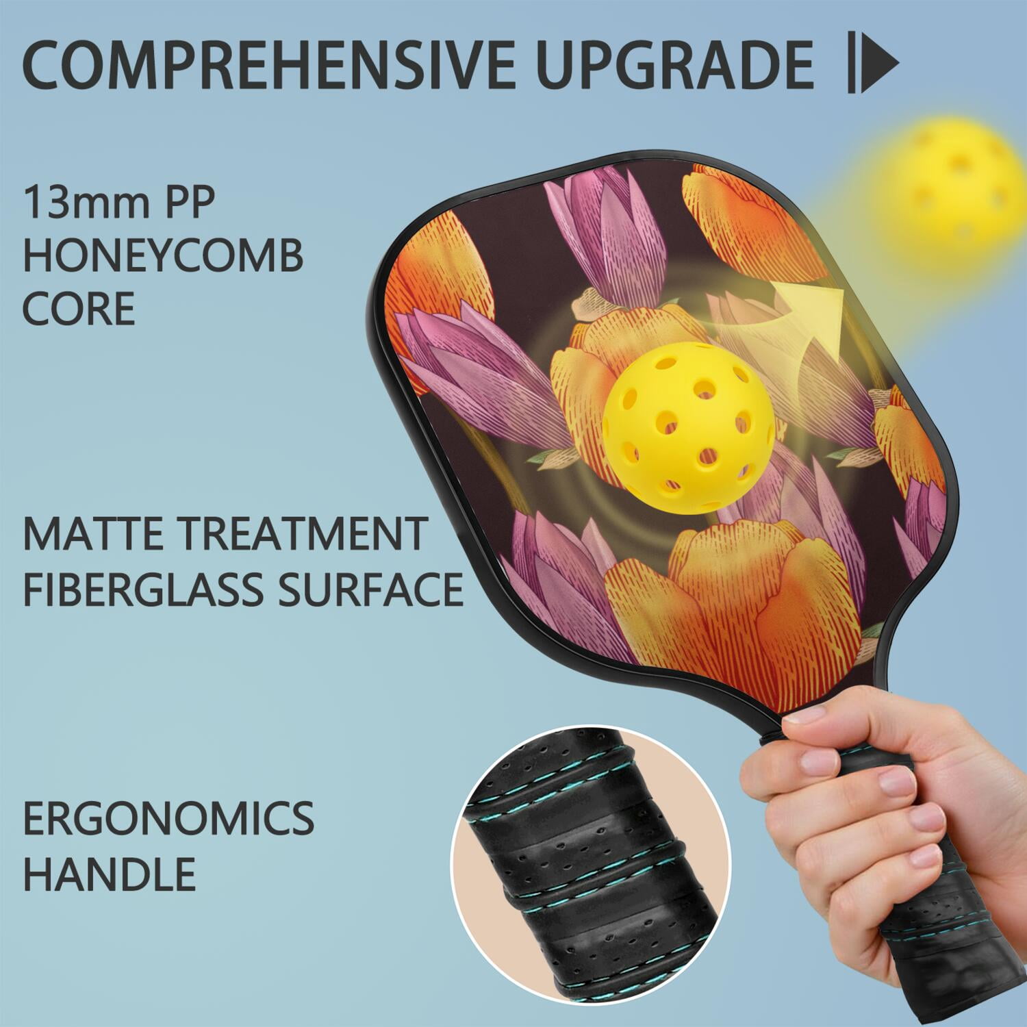 Pickleball Paddles Set Of 1, Fiberglass Surface, Vintage Floral Print, 1 Paddle, 2 Balls & Bag
