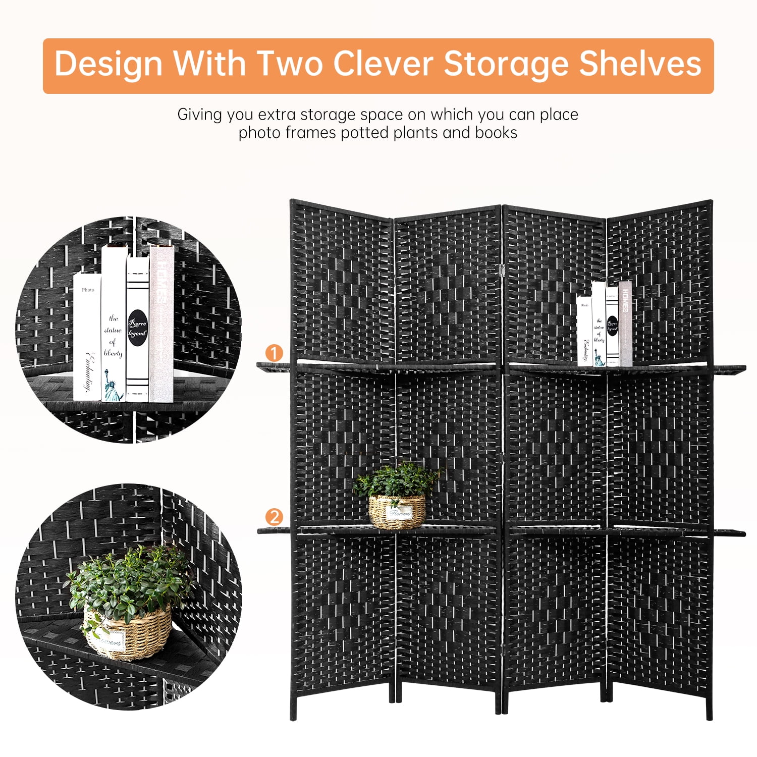 YRLLENSDAN 4 Panel Room Divider Wall, Room Partitions and Dividers Freestanding Portable Wall Room Partition Folding Room Divider with Removable Storage Shelves, Black