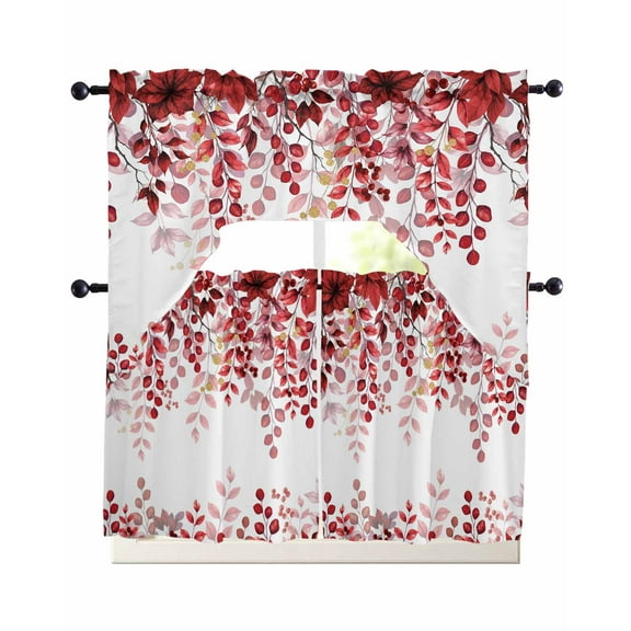 Red Eucalyptus Kitchen Curtains Sets 24 Inch Length with Valance, Gold Branches Vintage Flower Plant Swag Valances and Tiers Curtain Set Drapes Swag Curtains for Living Room, Bathroom, Bedroom, Cafe