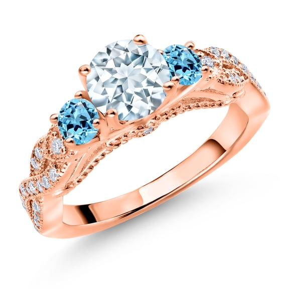 Gem Stone King 18K Rose Gold Plated Silver Sky Blue Aquamarine Swiss Blue Topaz and White Moissanite Engagement Ring for Women (1.32 Cttw, Gemstone March Birthstone, Round 6MM and 3MM, Size 6)