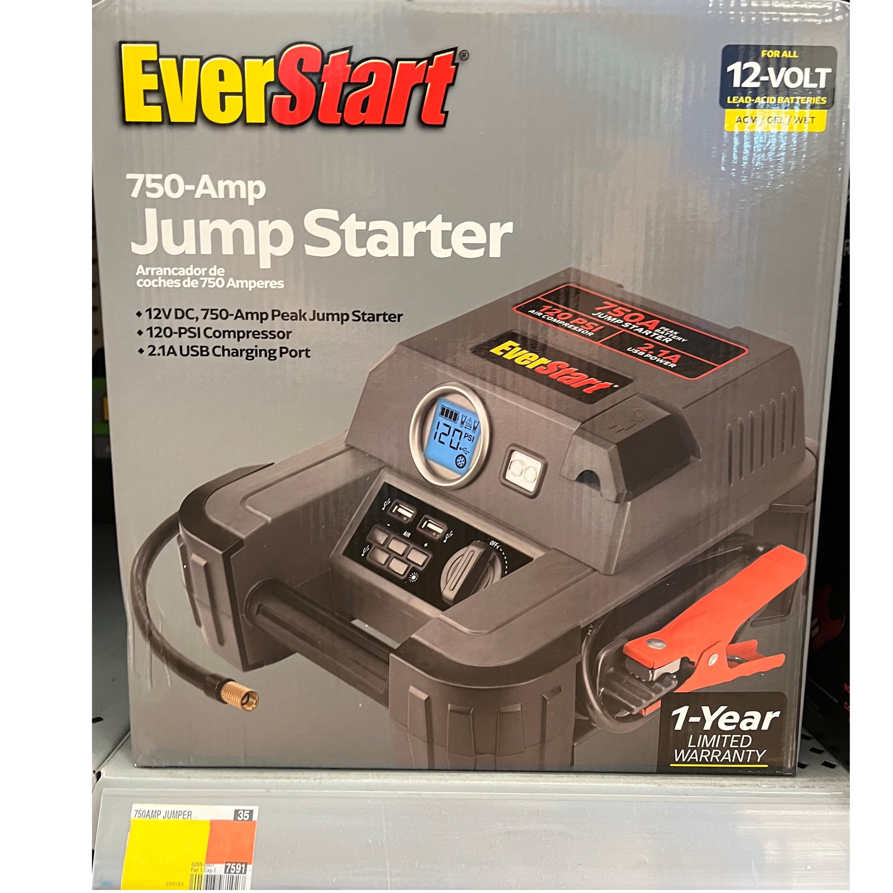 EverStart 750A Jump Starter with Reverse Polarity Alarm, 120 PSI Digital Compressor, Clamps Included