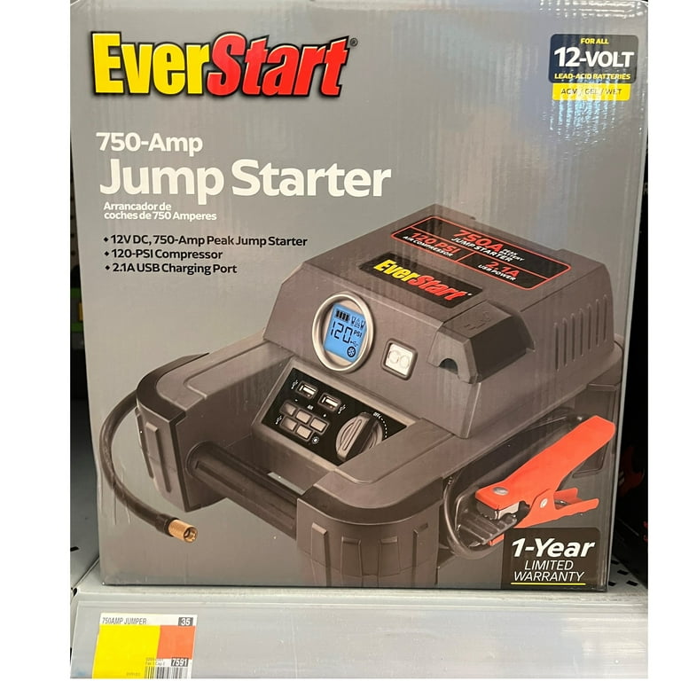 EverStart 750A Jump Starter with Reverse Polarity Alarm, 120 PSI Digital  Compressor, Clamps Included 