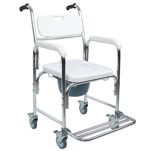 Silla Cómodo 3 en 1 con Ruedas | Silla Ducha para Baño WC, Estructura de Acero, Descansapiés y Ruedas con Bloqueo