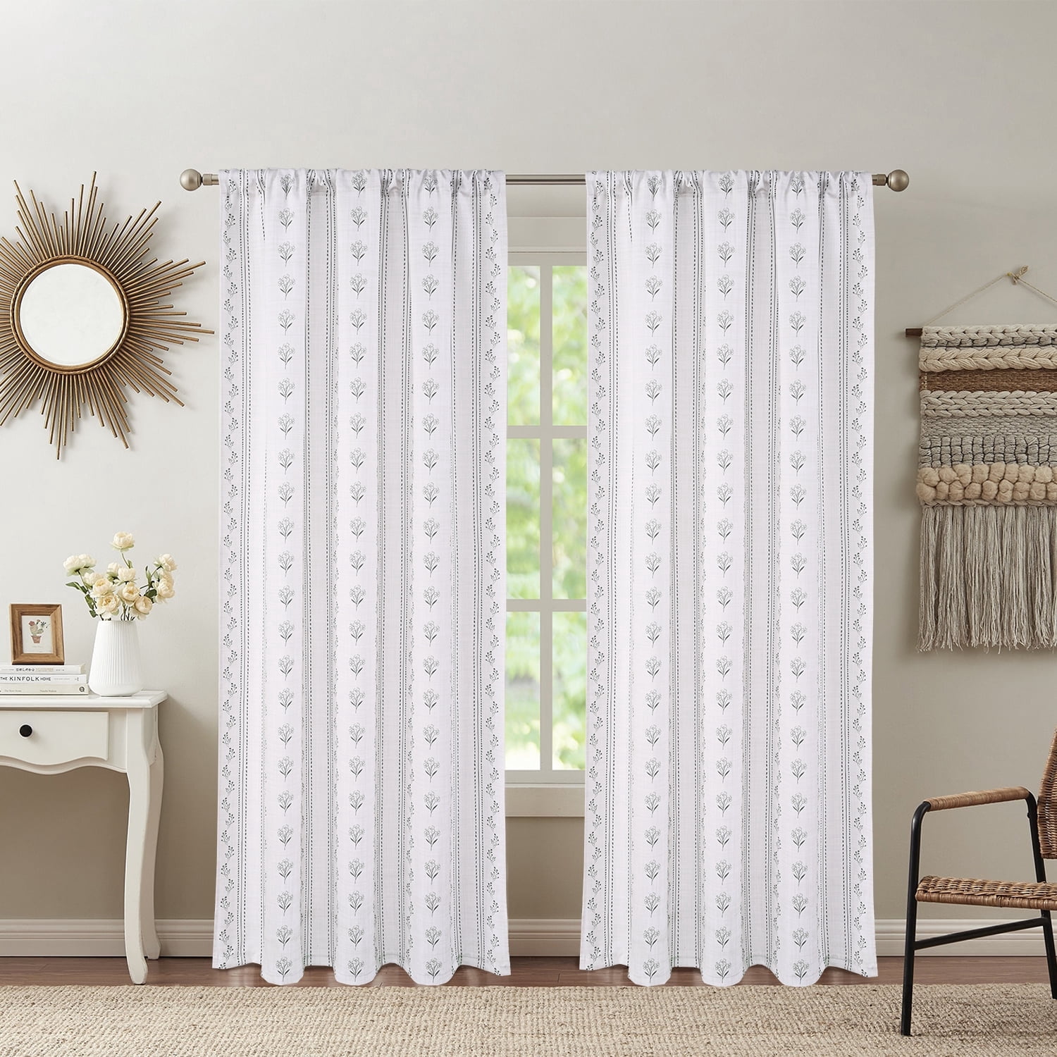 Invoibler Boho Floral Print Curtain Panels, Light Filtering Window Drapes for Bedroom and Living Room, Gray, 52" W x 84" L, Set of 2