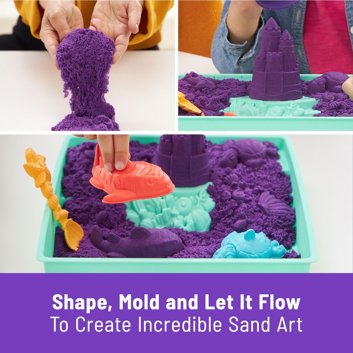 Kinetic Sand Sandbox Set, 1lb Purple Play Sand, Sandbox Storage, 4 Molds and Tools, Sensory Toys for Kids Ages 3+
