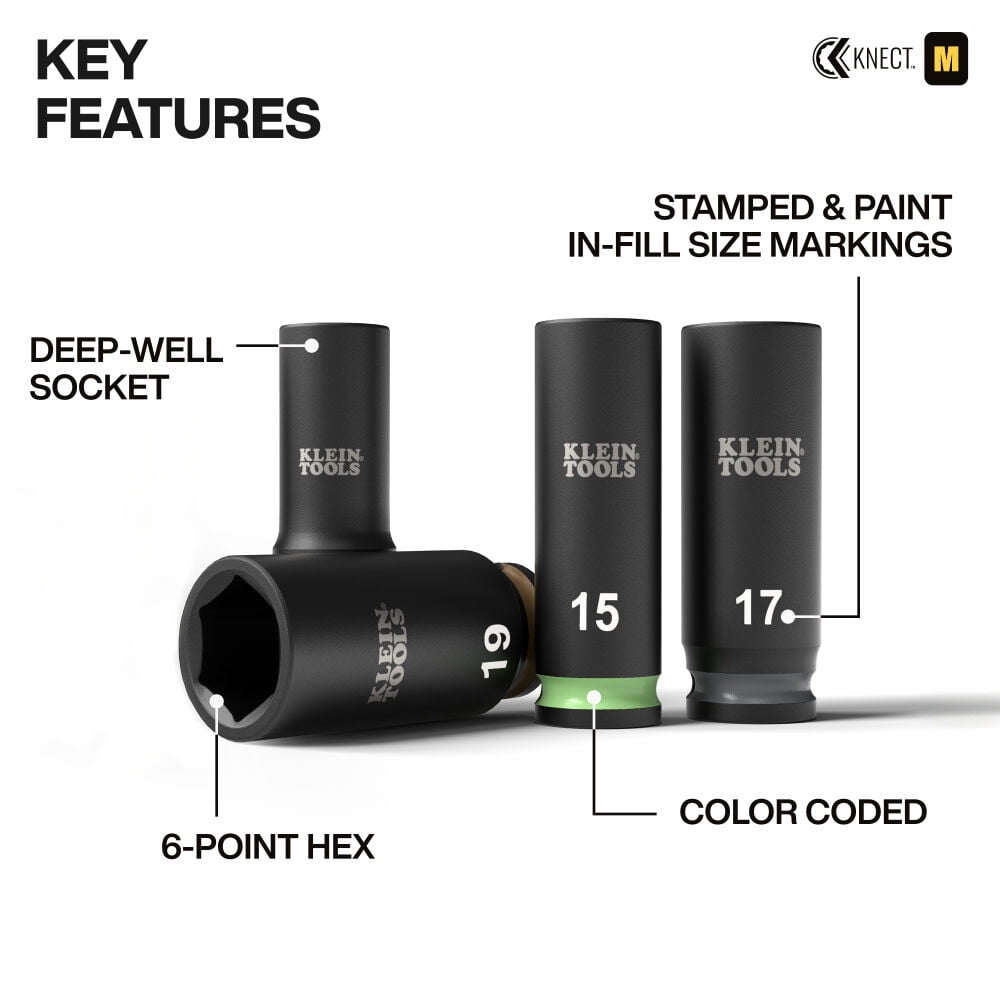 Klein Tools Knect Deep-Well 3/8-Inch Drive Impact Socket Set, Metric, 9 Pieces