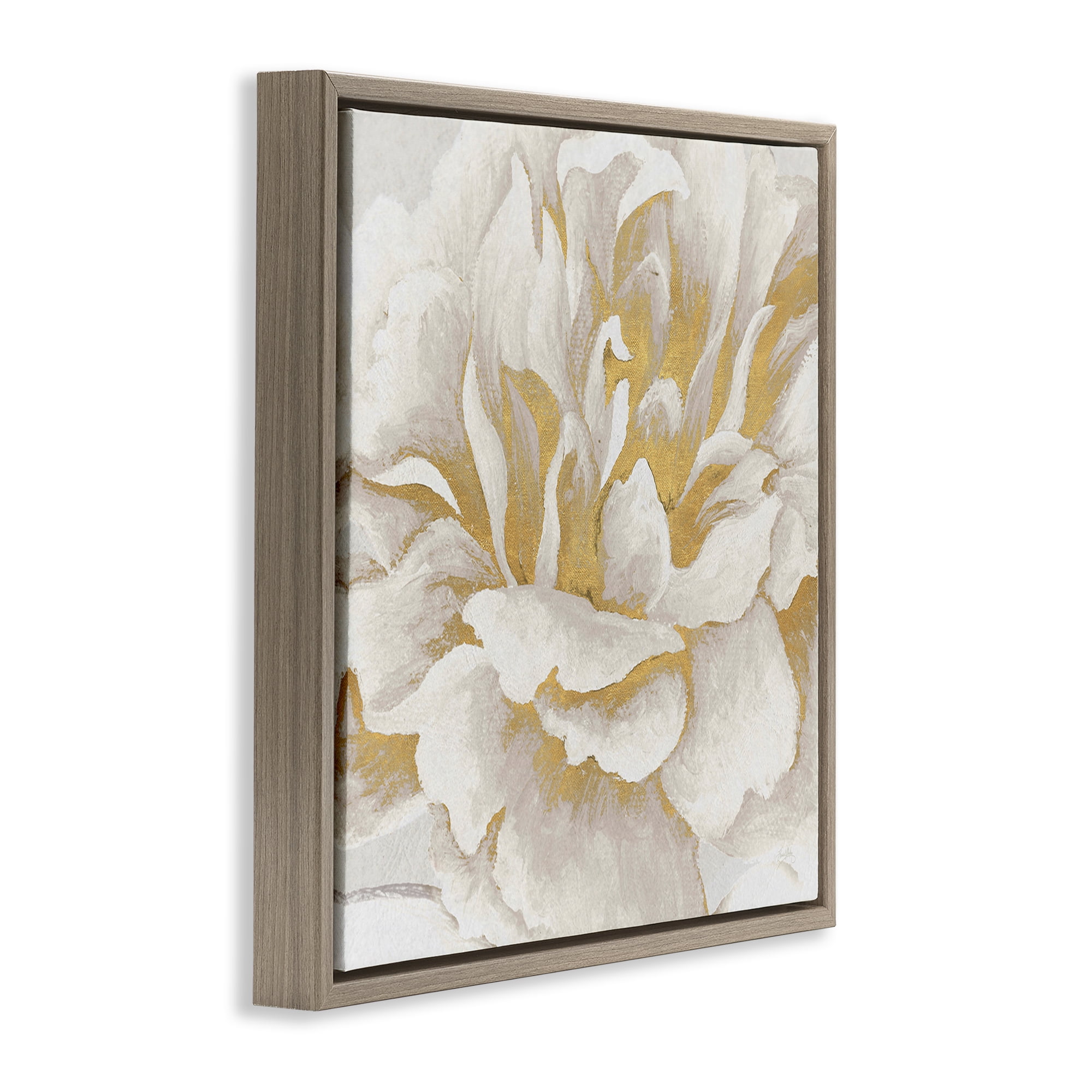 Stupell Industries Gold & White Flower Plants & Flowers Painting Brown Floater Framed Canvas Art Print Wall Art, 18 x 18