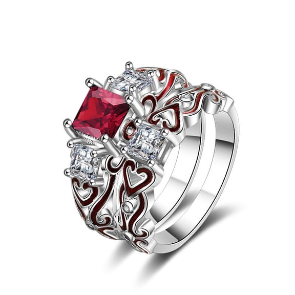 Luxury Lady Zircon Square Diamond Alloy Epoxy Silver Plated Ring Set