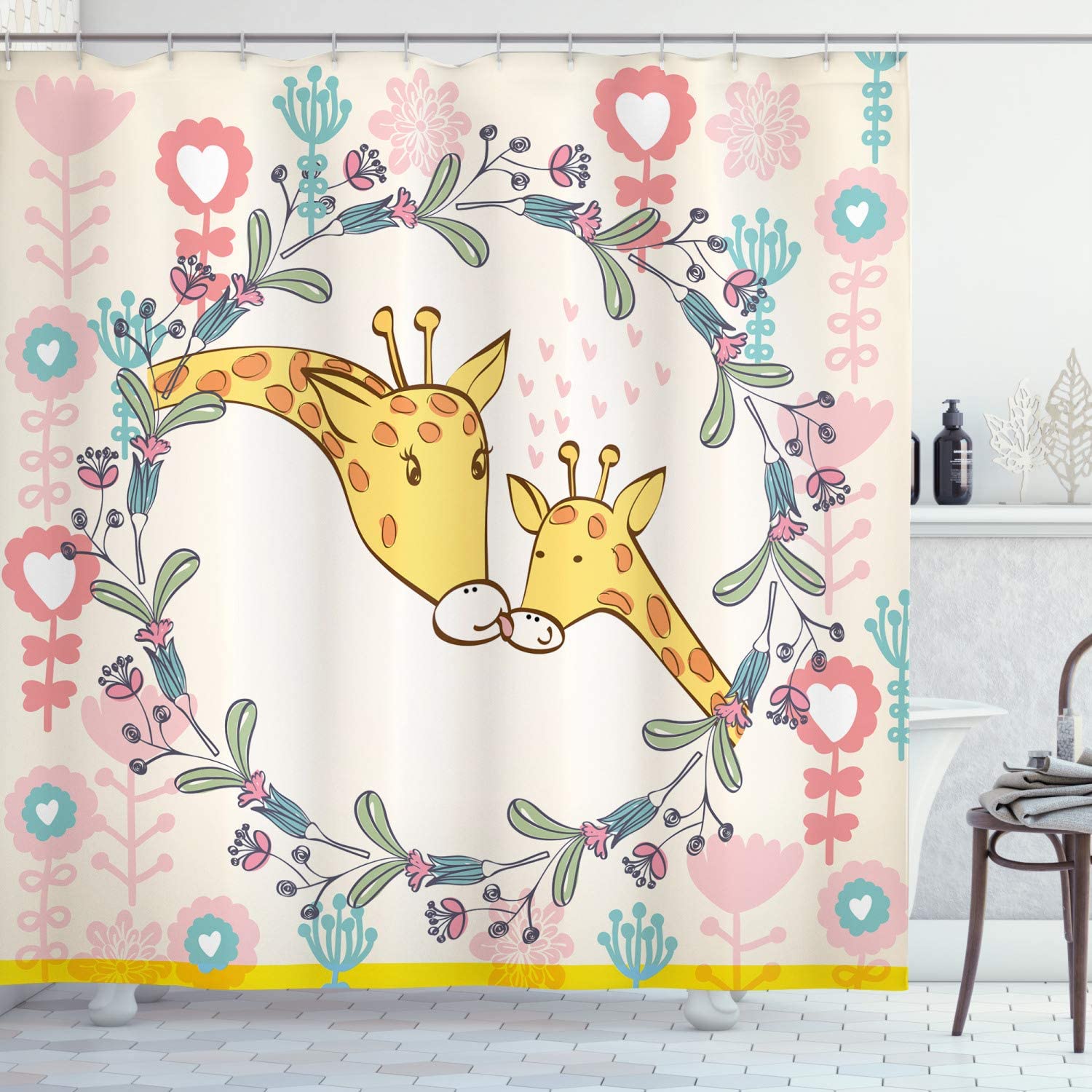 Giraffe Shower Curtain, Cartoon Mom and Animal Surrounded by Floral