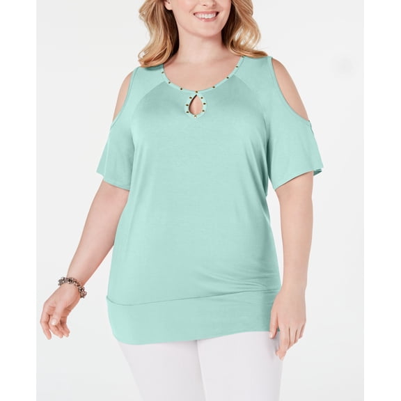 JM Collection Women's Plus Size Studded Cold Shoulder Top Aqua Flash 3X