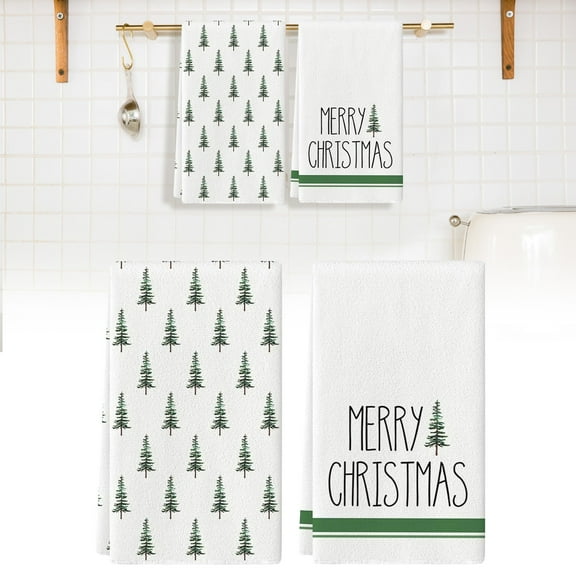 Green Xmas Tree Christmas Kitchen Towels Dish Towels, 18x26 Inch Farmhouse Holiday Winter Decoration Cleaning Set of 2