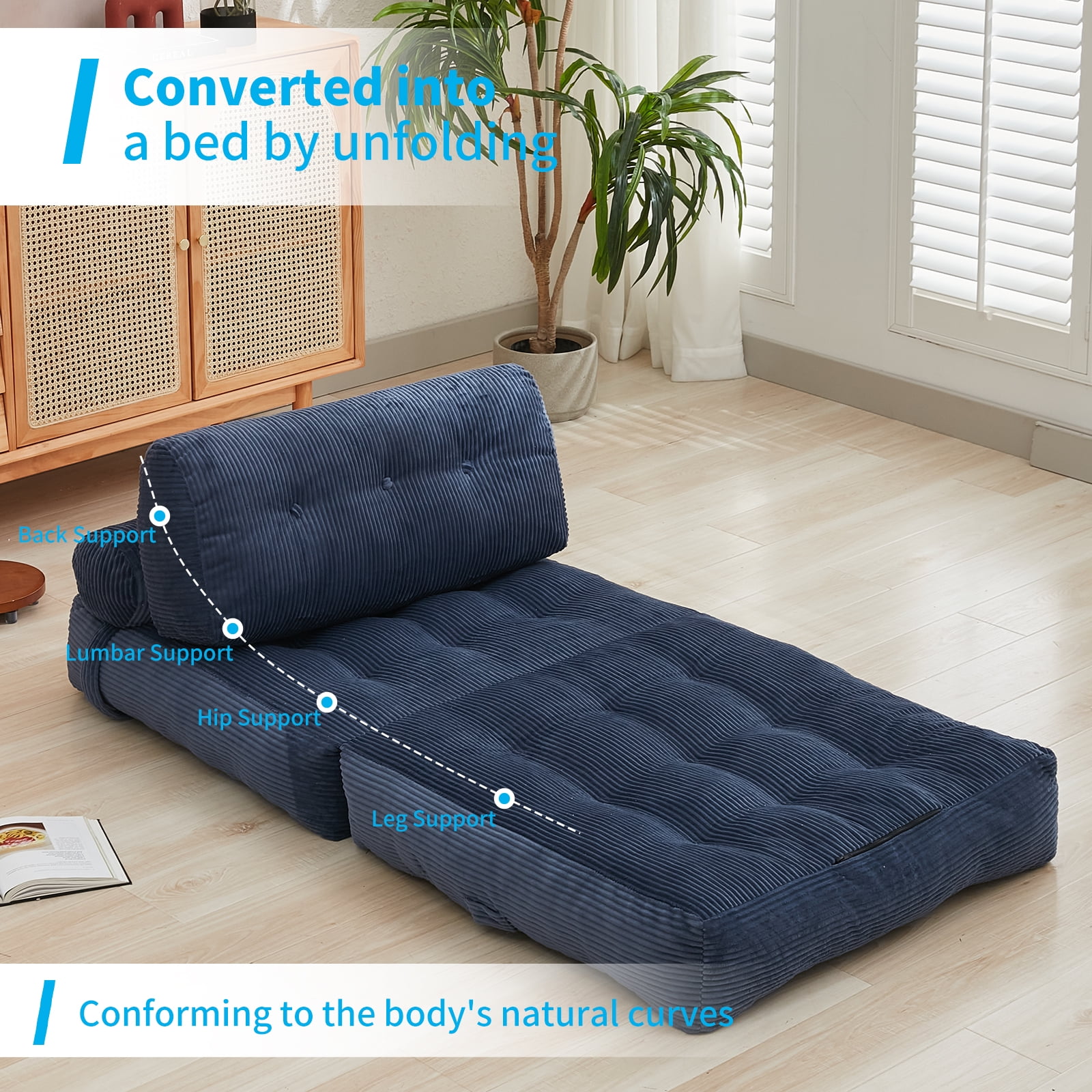BALUS  Boneless Futon Couch Bed, No Assembly Sofa Chair for Sleeping, Dorm Sofa Bed for Apartment/ Living Room, Corded, Dark Blue