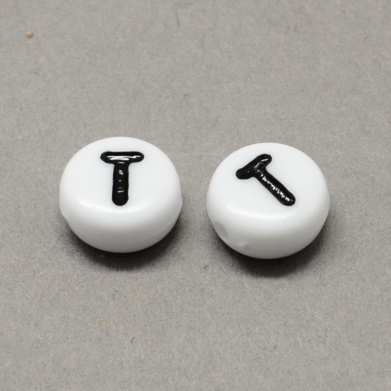 500gs White and Black Acrylic Horizontal Hole Letter Beads Flat Round with Letter.T 7x4mm Hole: 1.3mm about 3600pcs/500g