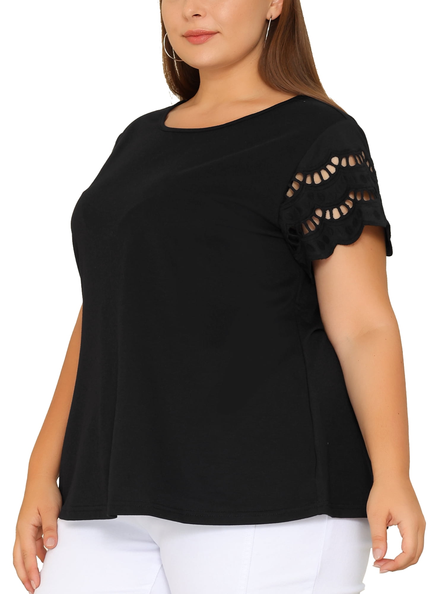 DARING DIVA Women's Plus Size Round Neck Lace Panel Blouses L Black