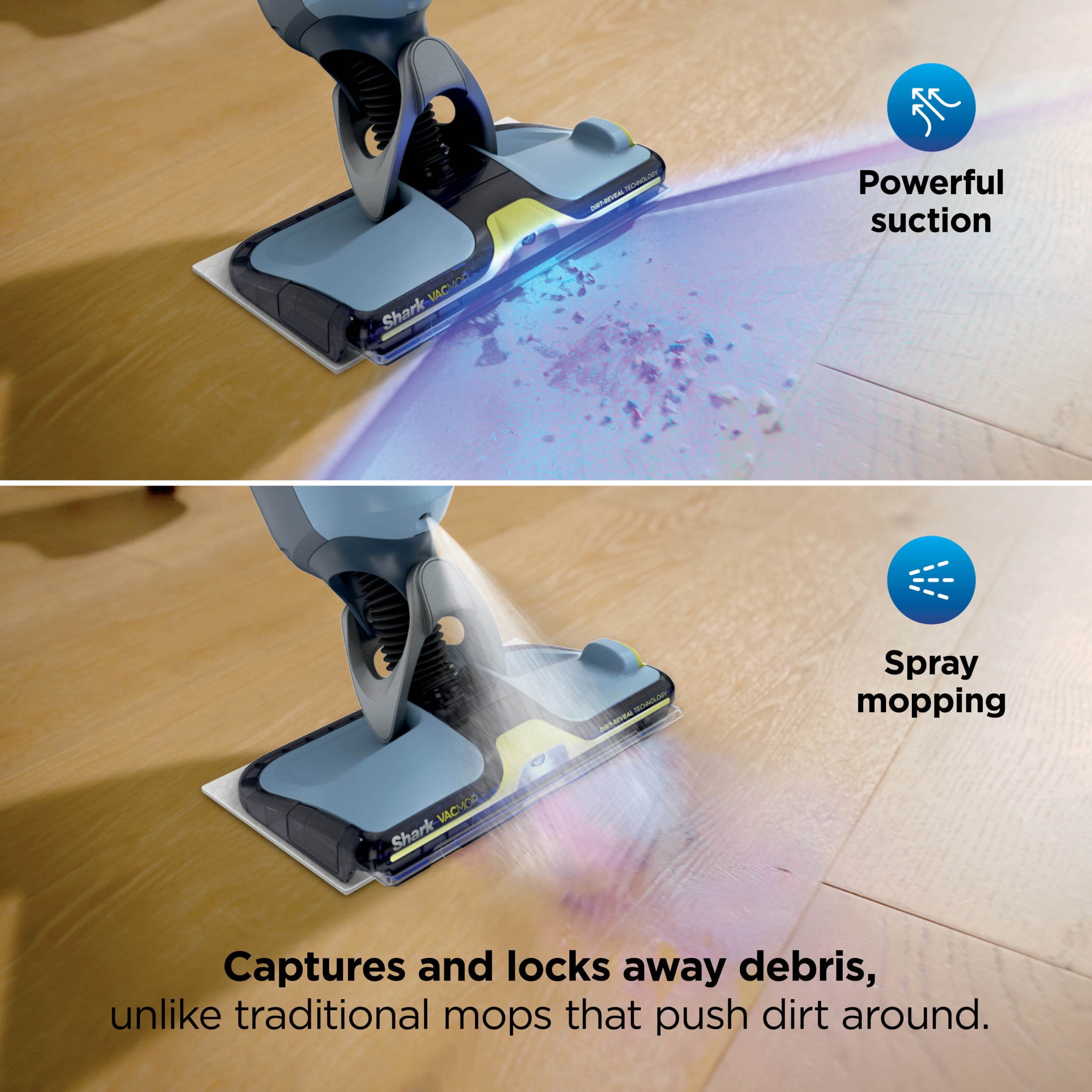 Shark VACMOP Reveal Cordless Hard Floor Cleaner, Vacuum and Spray Mop, 4 Disposable Pads, 12oz Pet Multi-surface Cleaning Solution, VM401BL Blue