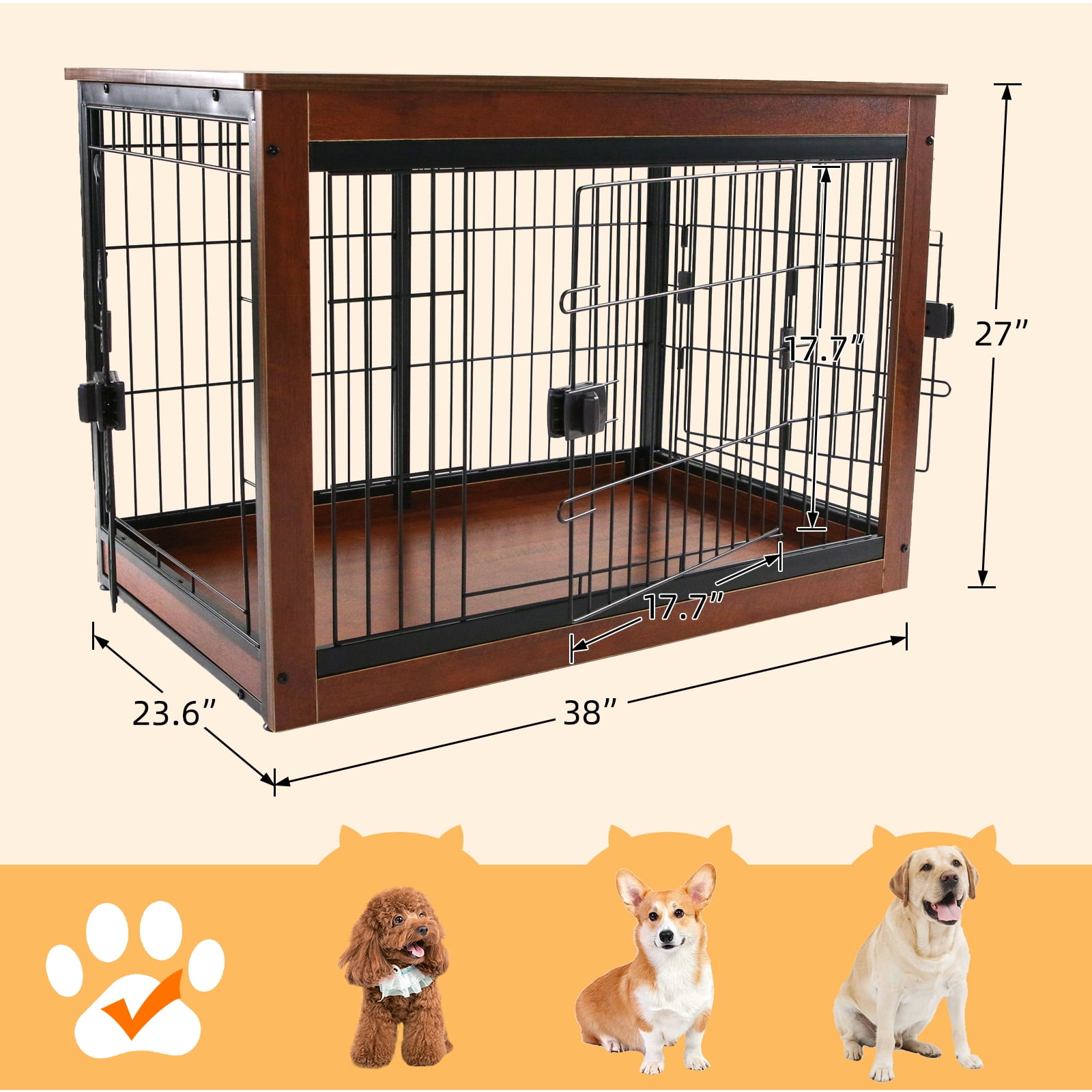 Dog Crate Furniture Indoor Dog Crate End Table Heavy-Duty Dog Cage with Dog Mat, Three-Door Dog House Brown