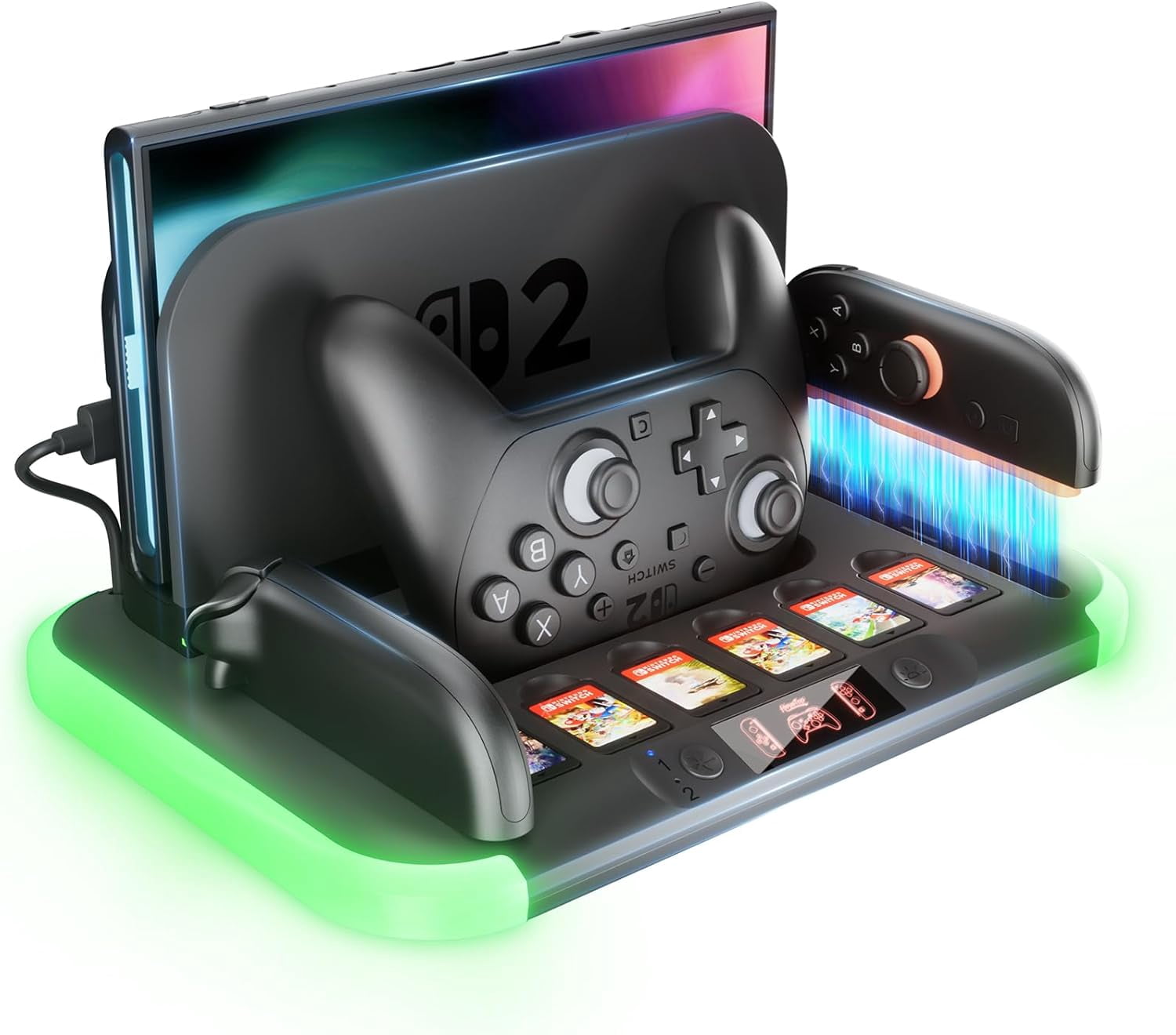 Switch 2 Charging Dock Station, Switch 2 Controller Charger for Switch 2 Pro Controller and Joy Cons,with RGB,Heat Dissipation,Game Card Slot*6,Fast-Magnetic Charging Station Storage Organizer