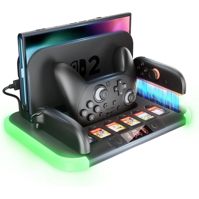 Switch 2 Charging Dock Station, Switch 2 Controller Charger for Switch 2 Pro Controller and Joy Cons,with RGB,Heat Dissipation,Game Card Slot*6,Fast-Magnetic Charging Station Storage Organizer