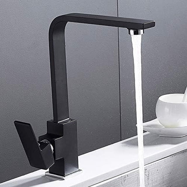 Rewera Grifo moderno para fregadero de cocina de una sola pieza de latón macizo pulido con una sola palanca, negro pulido, grifo mezclador para lavabo frío y caliente