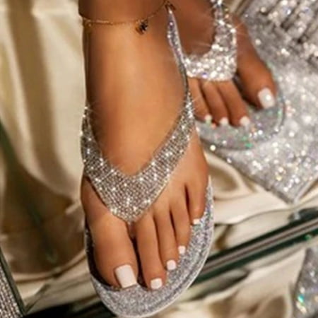 

Women s Rhinestone Glitter Flat Slippers Slip on Sandals Beach Summer Flip Flops New