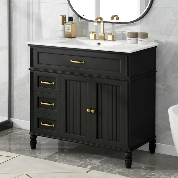 36'' Bathroom Vanity with Ceramic Sink Combo, Modern Bathroom Storage Cabinet with 2 Drawers and 2 Soft Closing Doors, Freestanding Bathroom Vanities, Solid Wood Frame, Black