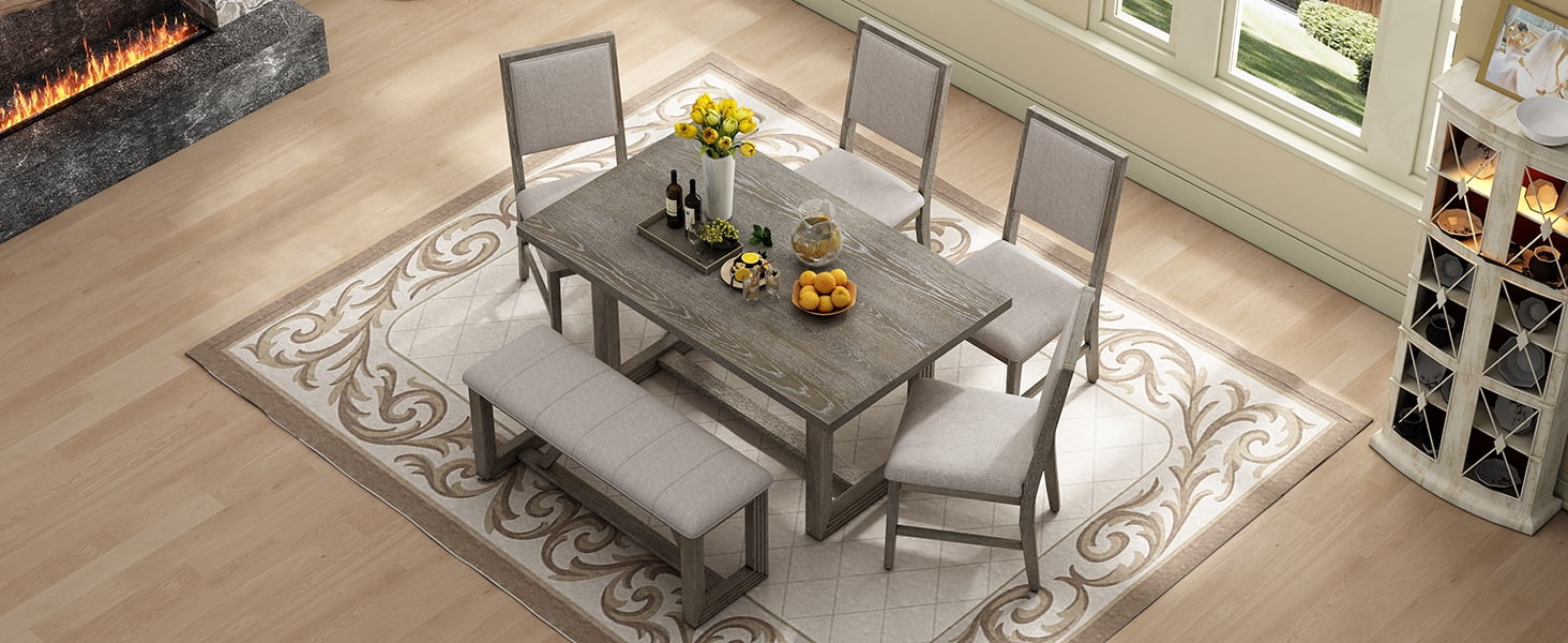 MAYEERTY 6-Piece Retro Dining Table Set for 6, 60" Wood Kitchen Table and Chairs Set of 4 with Bench Designed Trestle Base for kitchen & Dining Room (Gray)