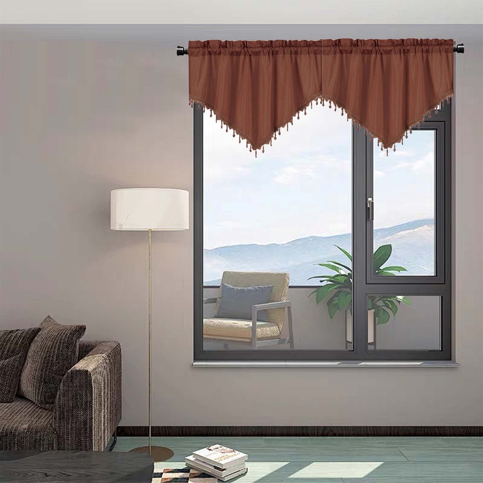 Beaded Triangle Sheer Valance Curtains for Living Room, Rod Pocket Farm Window Valance, Bead Trim Tassel Voile Sheer Curtain Valance for Bedroom Bathroom Cafe