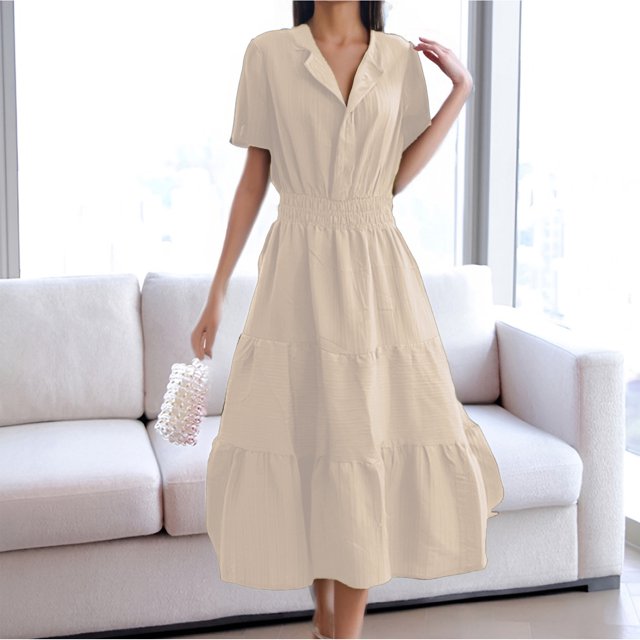 WILLBEST Vestidos Largos Casuales Para Mujer Verano 2025 Vestidos Casuales Midi Maxi Vestidos Ligeros Manga Corta Cuello En V Cintura Elástica Vestido De Playa Bohemio Bolsillos