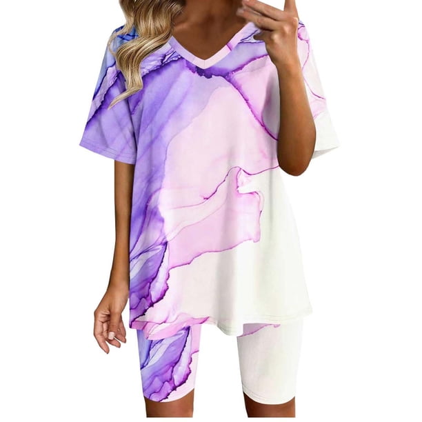 Blusas para Mujeres Casual V-Cuello Impresión de Manga Corta Blusa Y Pantalones Cortos Conjunto, Traje Casual para la Primavera