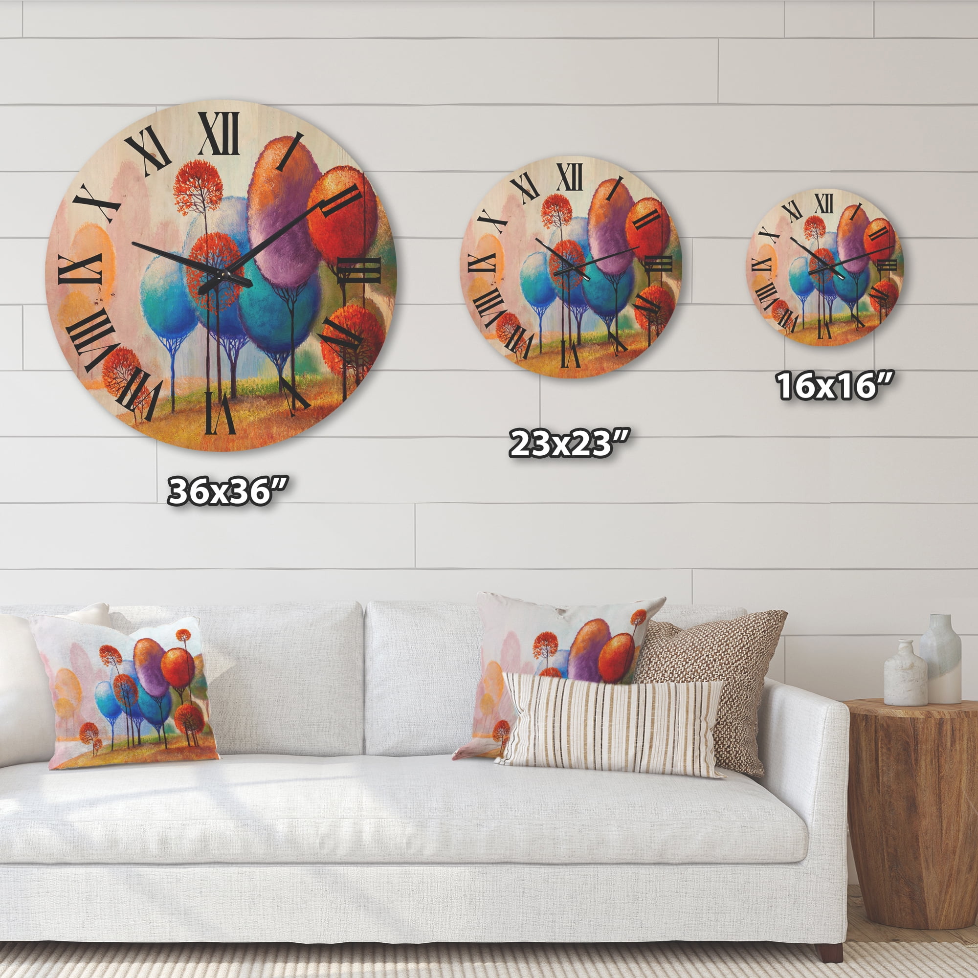 Designart 'Colourful Trees Abtract Impression III' Traditional Wood Wall Clock