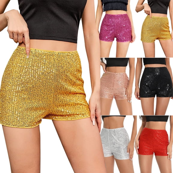 YVNAURA High Waisted Sequin Shorts for Women Elastic Waist Glitter Party Shorts Sparkly Straight Leg Pull On Clubwear Rave Bachelorette Outfits,Yellow,L