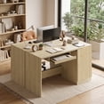 thumbnail image 3 of Waleaf 55" Computer Desk with Drawers & Storage Shelves, Modern Home Office Desk with Keyboard Tray, Sturdy Wood Study Writing Desk for Bedroom Living Room（Oak）, 3 of 8
